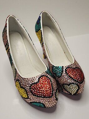 Crystal Rhinestone Heart Platform Pumps — Multicolor, Size 7.5 (240mm)